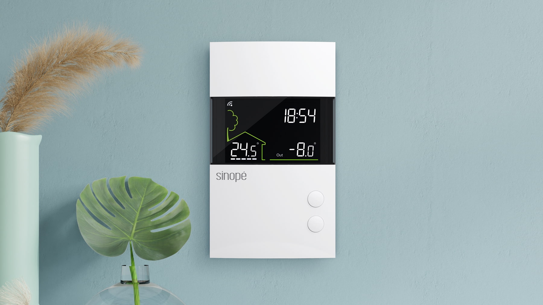 Thermostat intelligent Sinopé au mur avec éclairage du jour