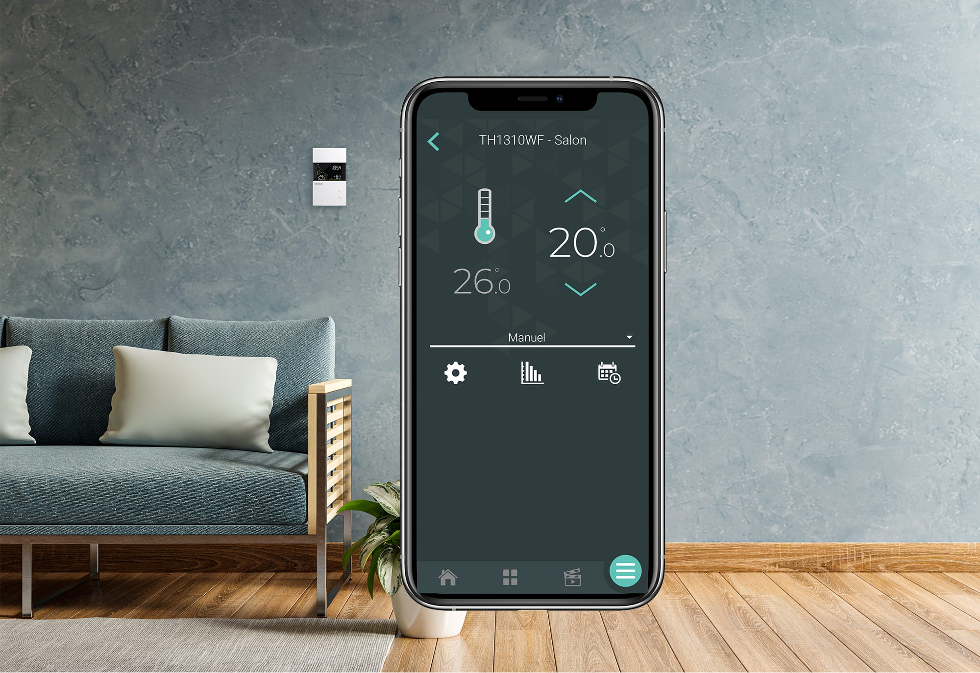 Thermostat pour plancher chauffant au mur avec vue de l'appareil dans Neviweb