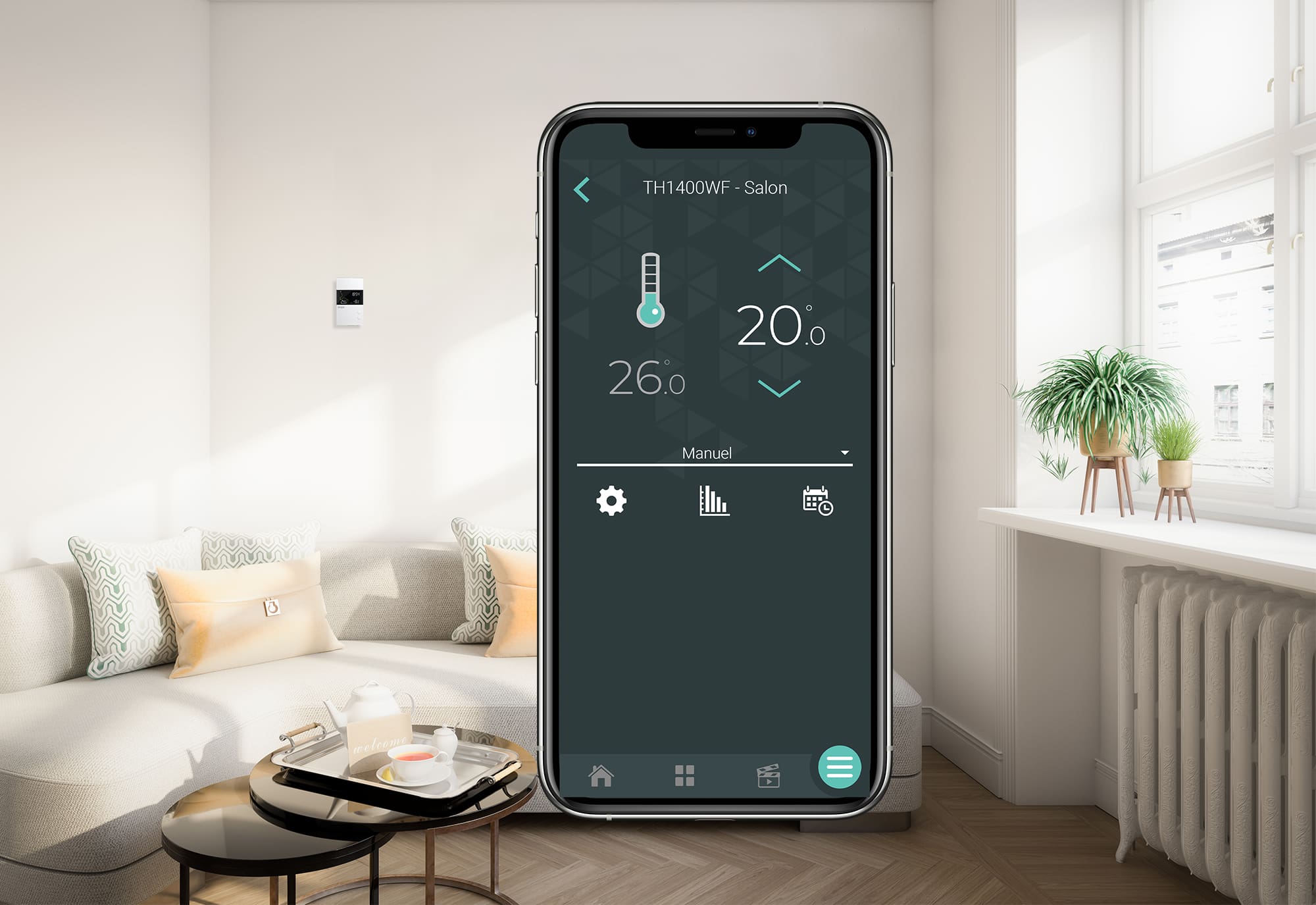 Thermostat basse tension au mur avec vue de l'appareil dans Neviweb