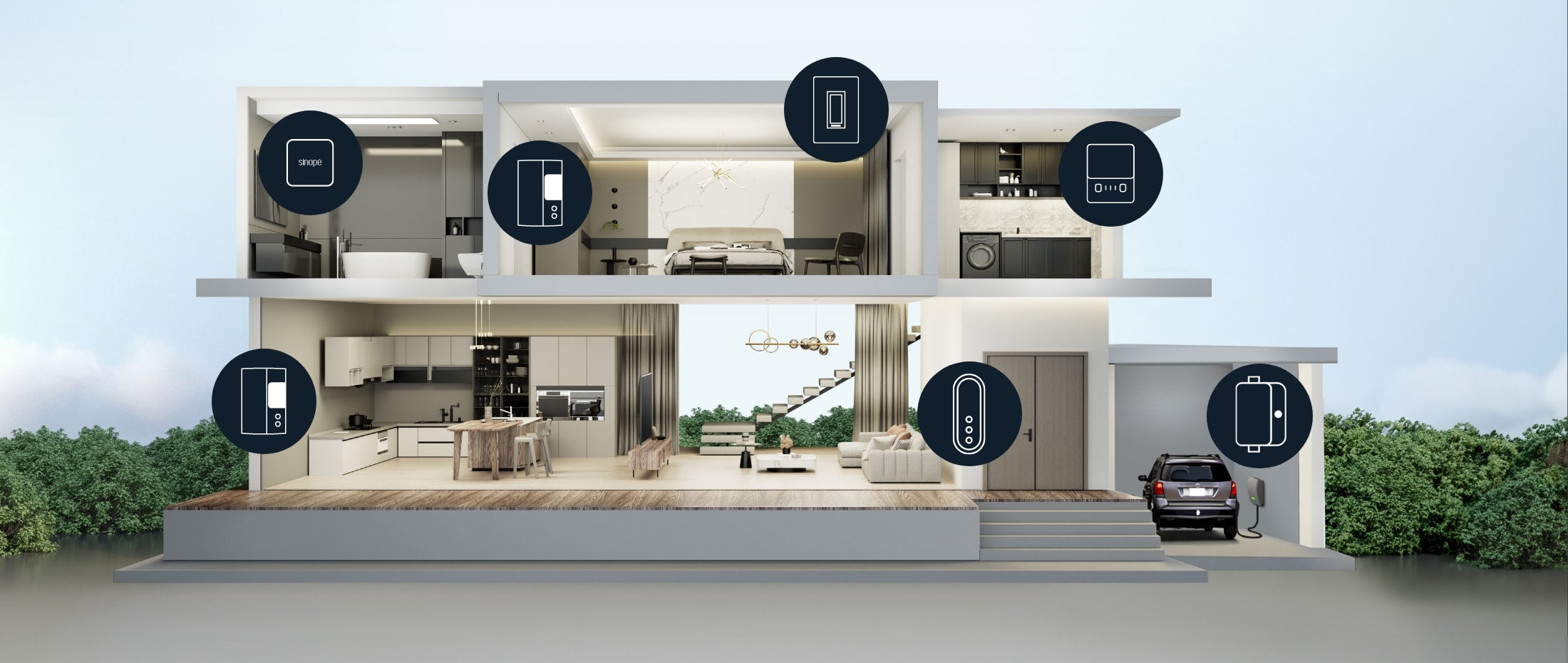 Plan 3D d'une maison et des différents appareils intelligents par pièce