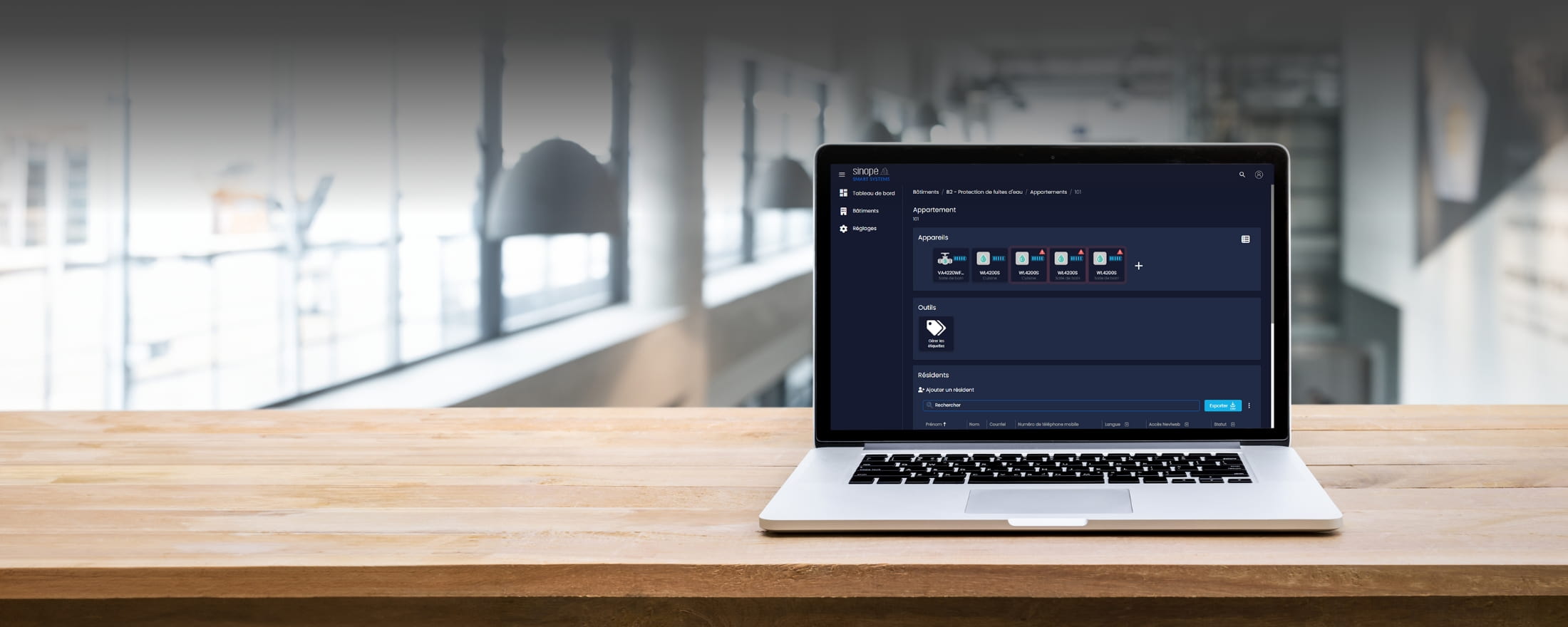 Vue de la plateforme Sinopé Smart Systems sur un ordinateur portable