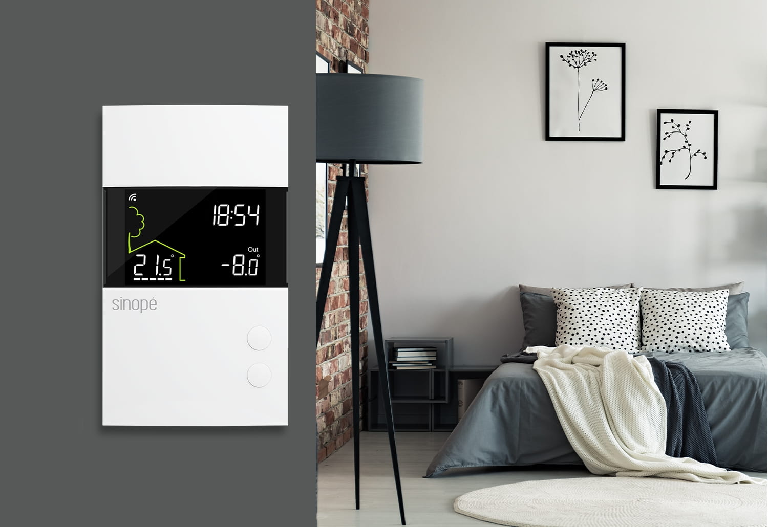 Double-pole thermostat for electric heating installed on the wall in a bedroom