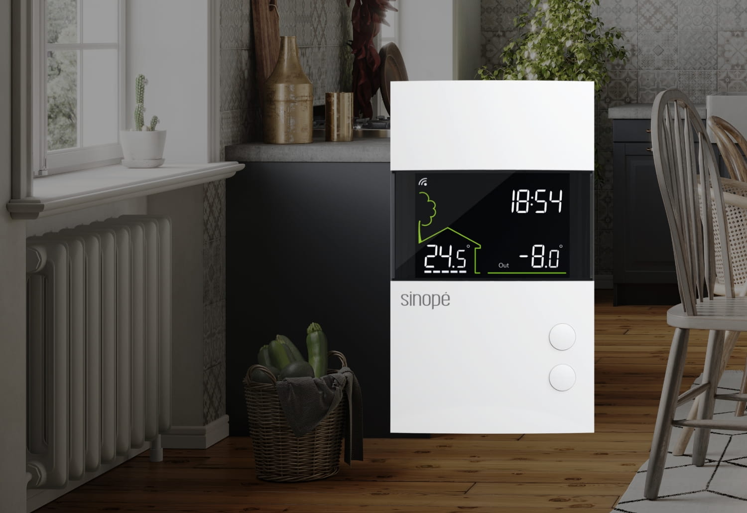 Hydronic heating in a room and front view of the low voltage thermostat