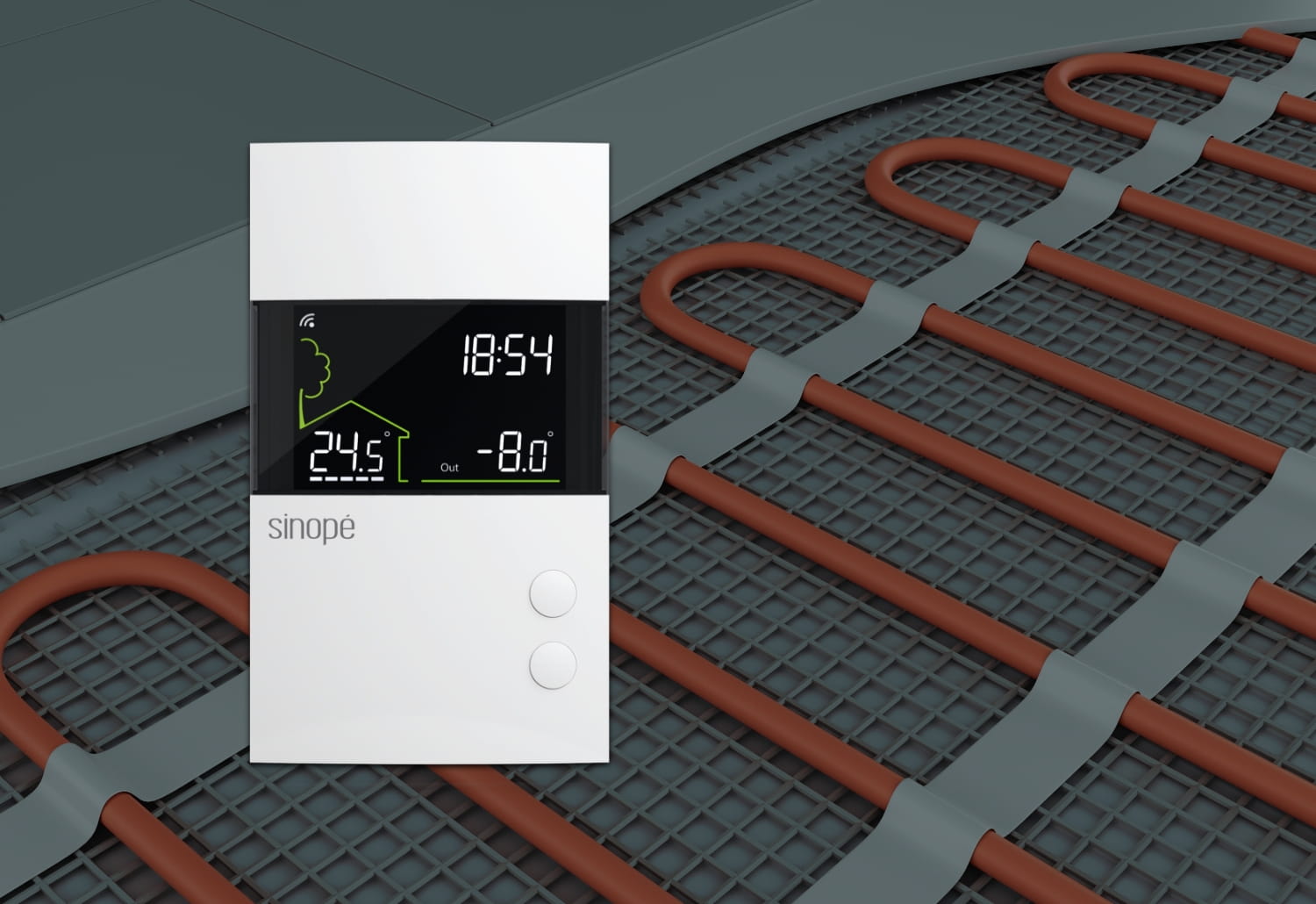 Heating cables and front view of floor heating thermostat