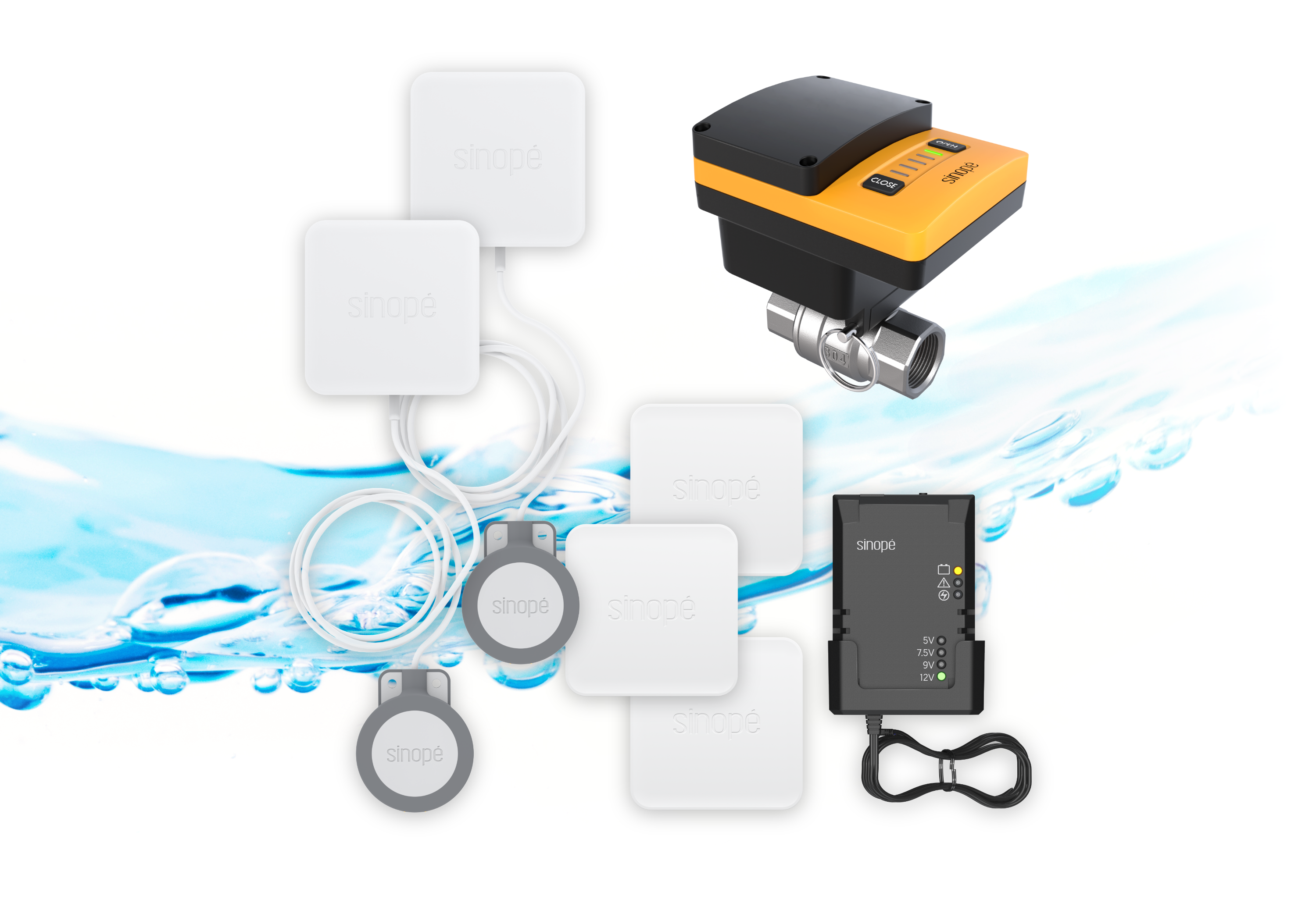 Sedna kit including a smart valve, 5 water leak detectors and an uninterruptible power supply