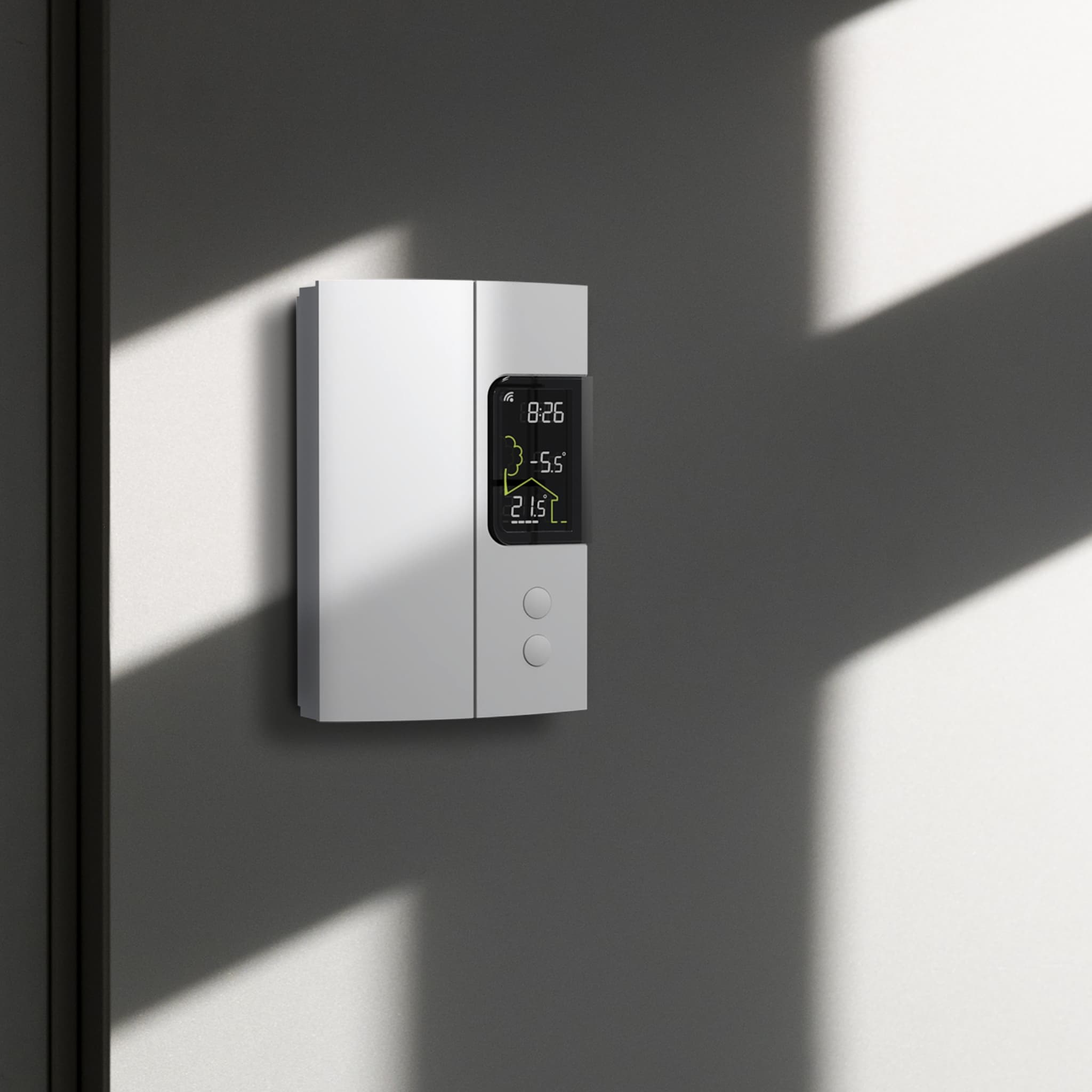 Thermostat intelligent pour plinthes électriques modèle TH1123WF installé au mur avec affichage de l'heure, des températures extérieures et intérieures#maximum_3000w